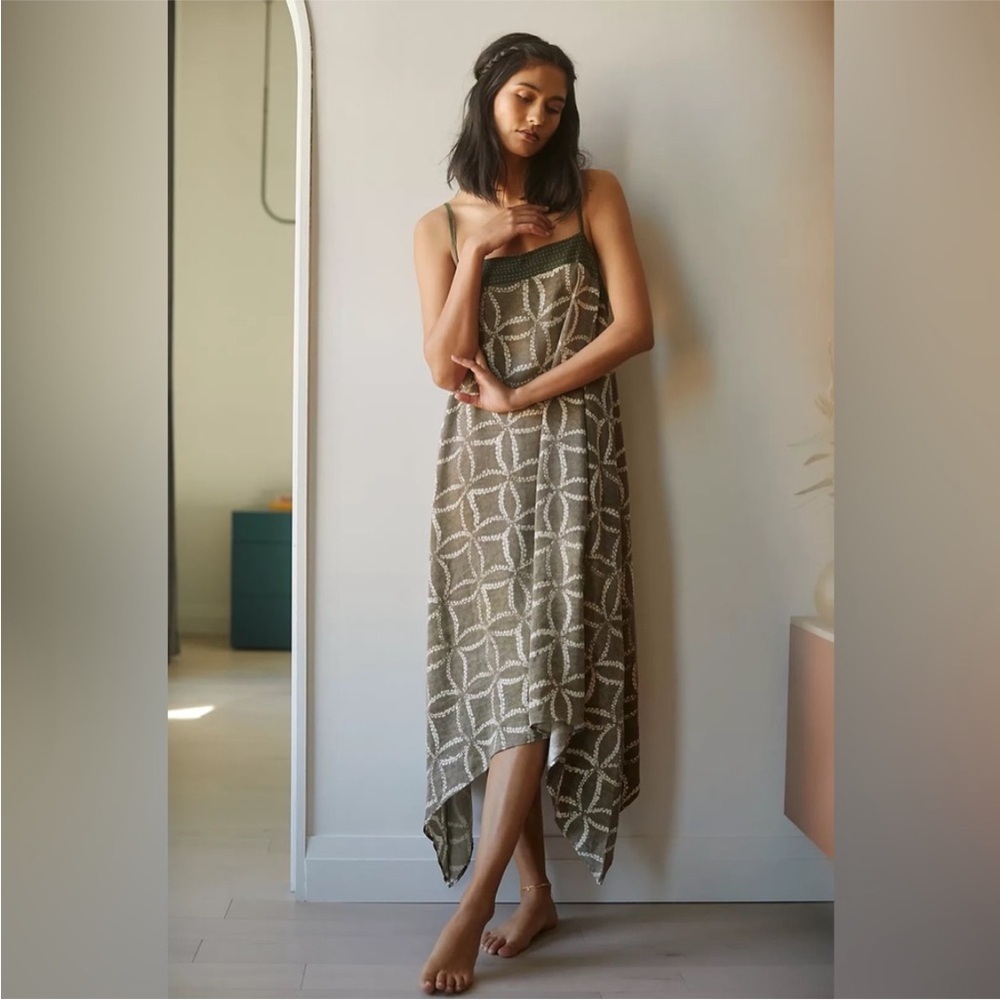 Olive Green Patterned Handkerchief-Hem Dress